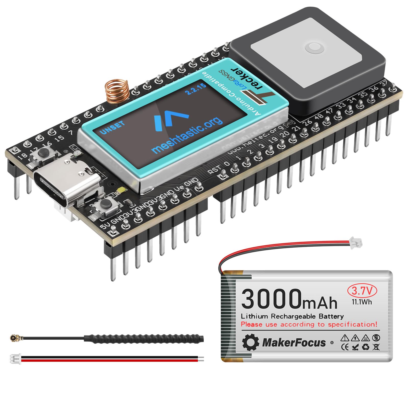 Rastreador inalámbrico con batería de 3000 mAh, compatible con GPS, GLONASS, Galileo multisistema, localización integrada ESP32 WiFi Bluetooth SX1262 LoRa UC6580 para GPS Meshtastic