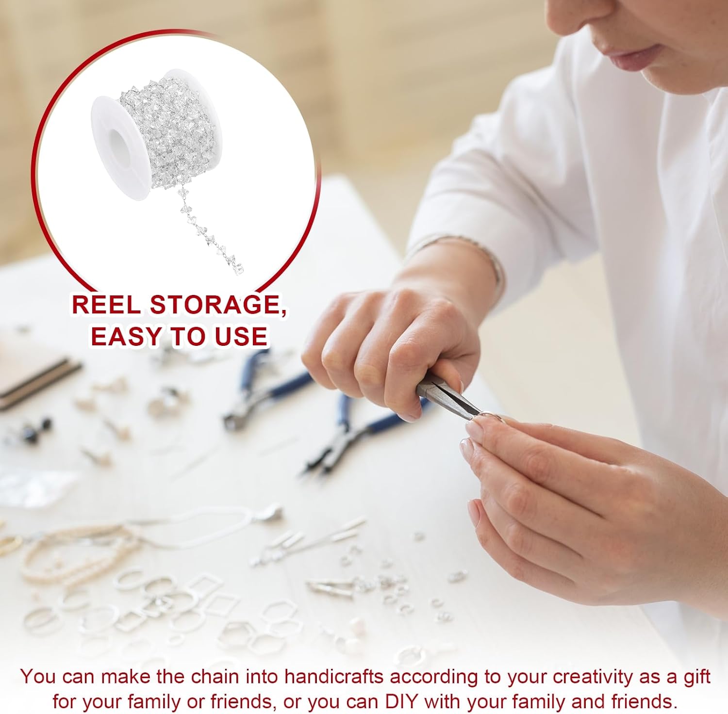 PATIKIL 16.4Ft Faceted Triangle Crystal Chain Roll, Jewelry Making Chain Links Bulk with Lobster Claps Jump Rings for Jewelry Making Findings DIY Craft Necklace Bracelets, White - Image 7