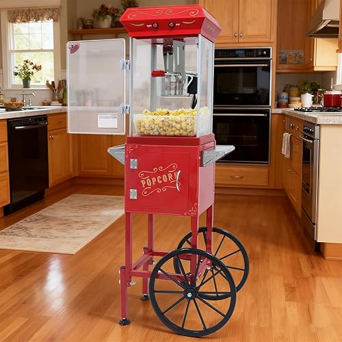 Miniatura 15 de Máquina de palomitas de maíz con carrito y ruedas, máquina de maíz con hervidor de acero inoxidable de 8 onzas, estilo teatro con taquillas para el