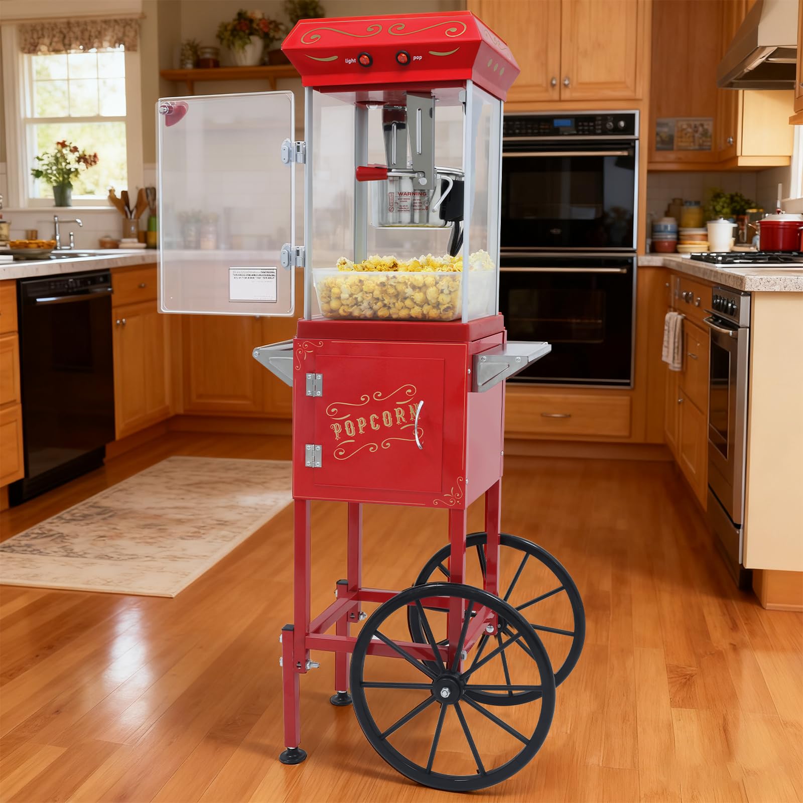Popcorn Machine with Cart &amp; Wheels - Large Popcorn Machine with 7OZ Stainless Steel Kettle, Movie Theater for Home, Backyard Movie Night, Parties, Christmas, Theater, School, Red