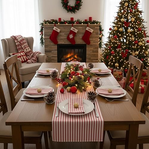 Miniatura 3 de mookaitedecor Camino de mesa a rayas rojas de algodón y lino para mesa, boda, fiesta, cena y uso diario, 13 x 54 pulgadas