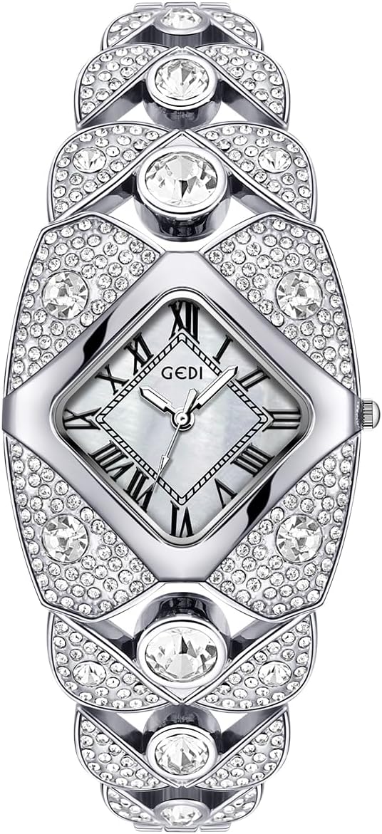 CARLIEN Women's Luxury Fashion Bling Rhinestone Rhombic Square Pearl Dial Quartz Watch Roman Numerals Elegant Ladies Dress Analog Bracelet Wrist Watch