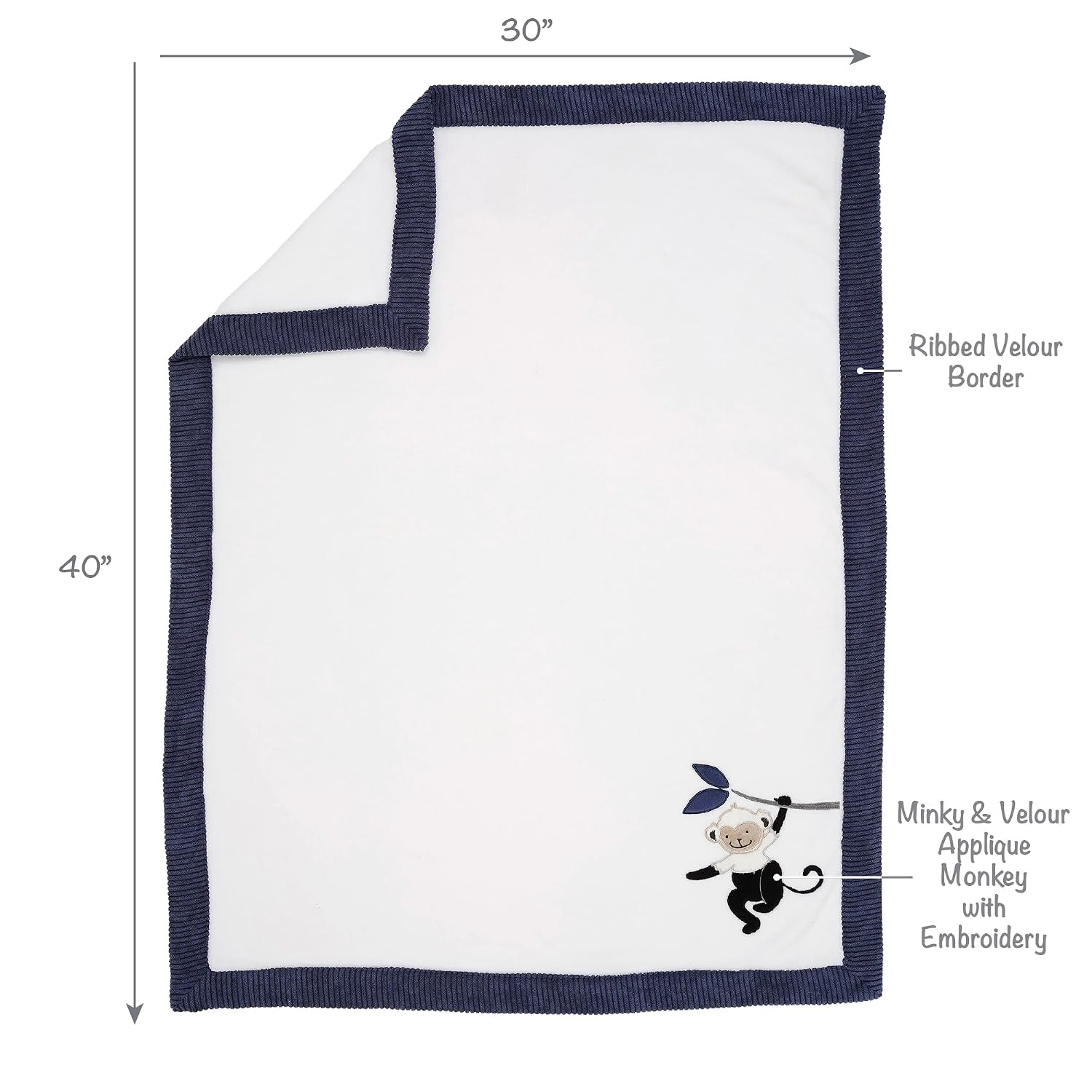 Lambs & Ivy Jungle Party White/Navy Monkey Soft Fleece Baby Blanket