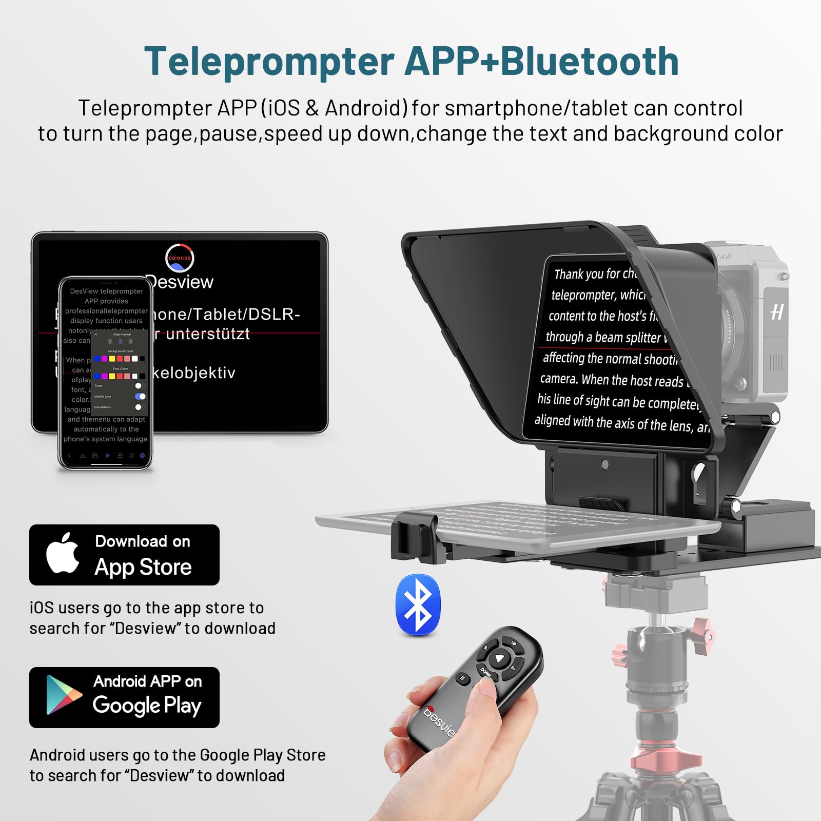 Desview Téléprompteur P8 pour smartphone, iPad, tablette, appareil photo, prompteur avec télécommande et application, sac de transport - Idéal pour l'enseignement en ligne, les flux en direct et le