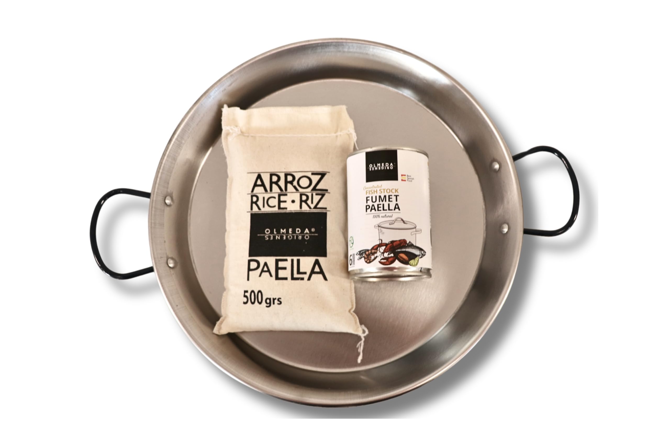 Kit de Paella de Marisco para 6 Personas - OLMEDA ORIGENES (arroz, paellera, fumet de pescado, aceite de oliva)