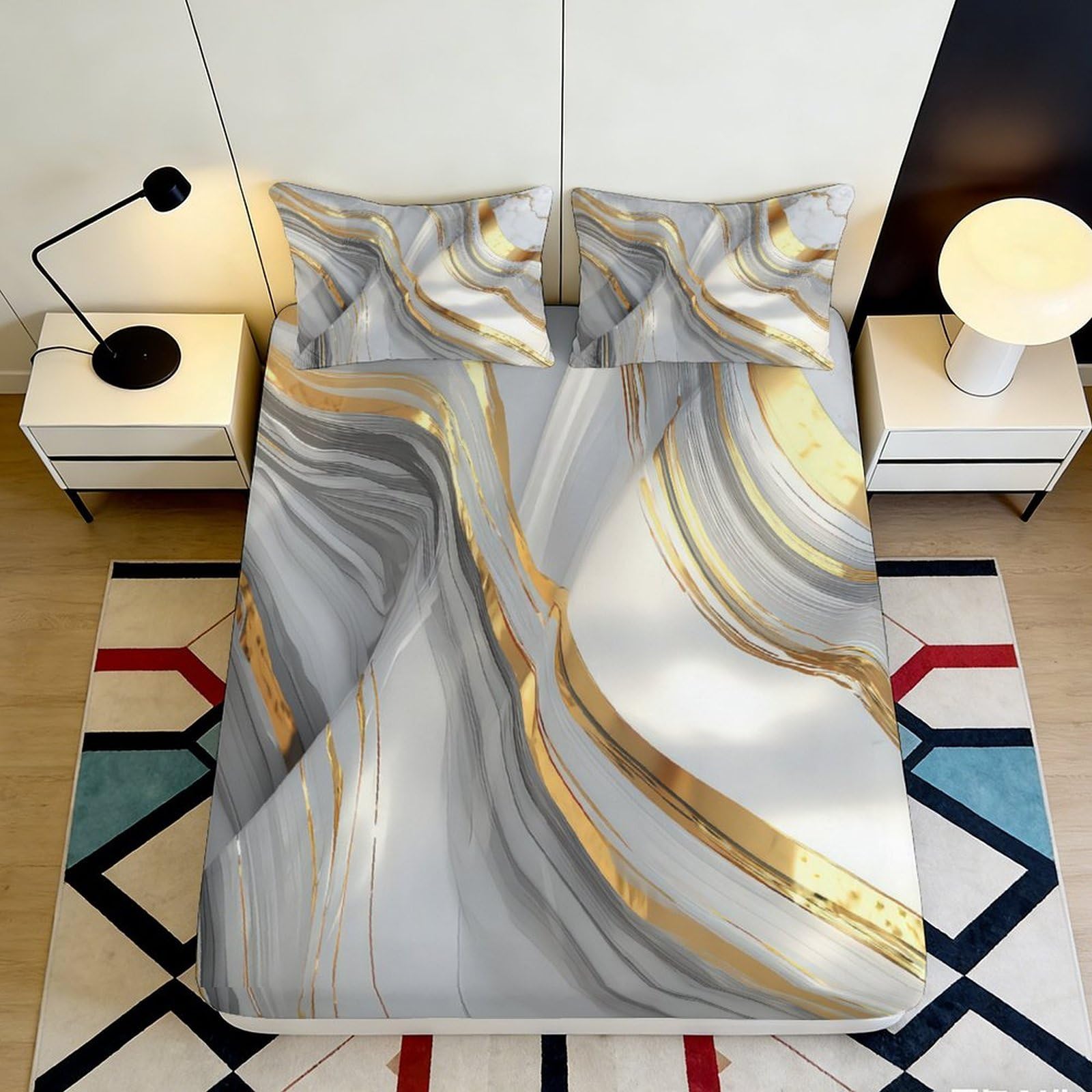 3D Printed Marble Pattern Fitted Sheet Microfiber Soft Breathable Gold Wave Bed Cover for Bedroom Dormitory Guest Room Mattress Protection 120x200x25cm