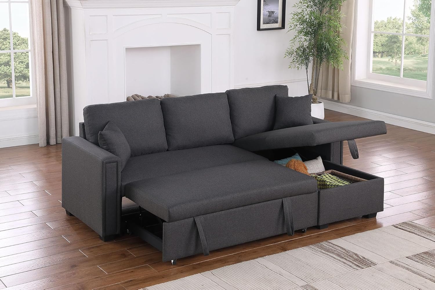 Sleeper Sofa with Storage Chaise, 84" Small Sectional Couch with Pull Out Bed, L Shaped Convertible Sleeper Couches for Bedroom, Living Room (Grey)