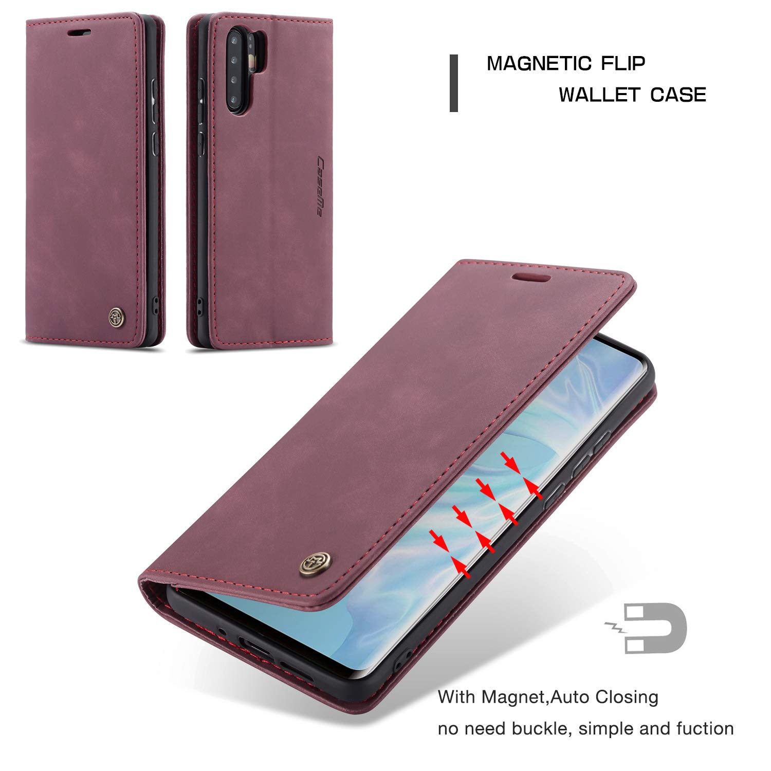 Custodia Portafoglio in Pelle PU Compatibile con Huawei P30 Pro, Cover con Chiusura Magnetica, Tasche per Carte e Funzione Stand (Nero
