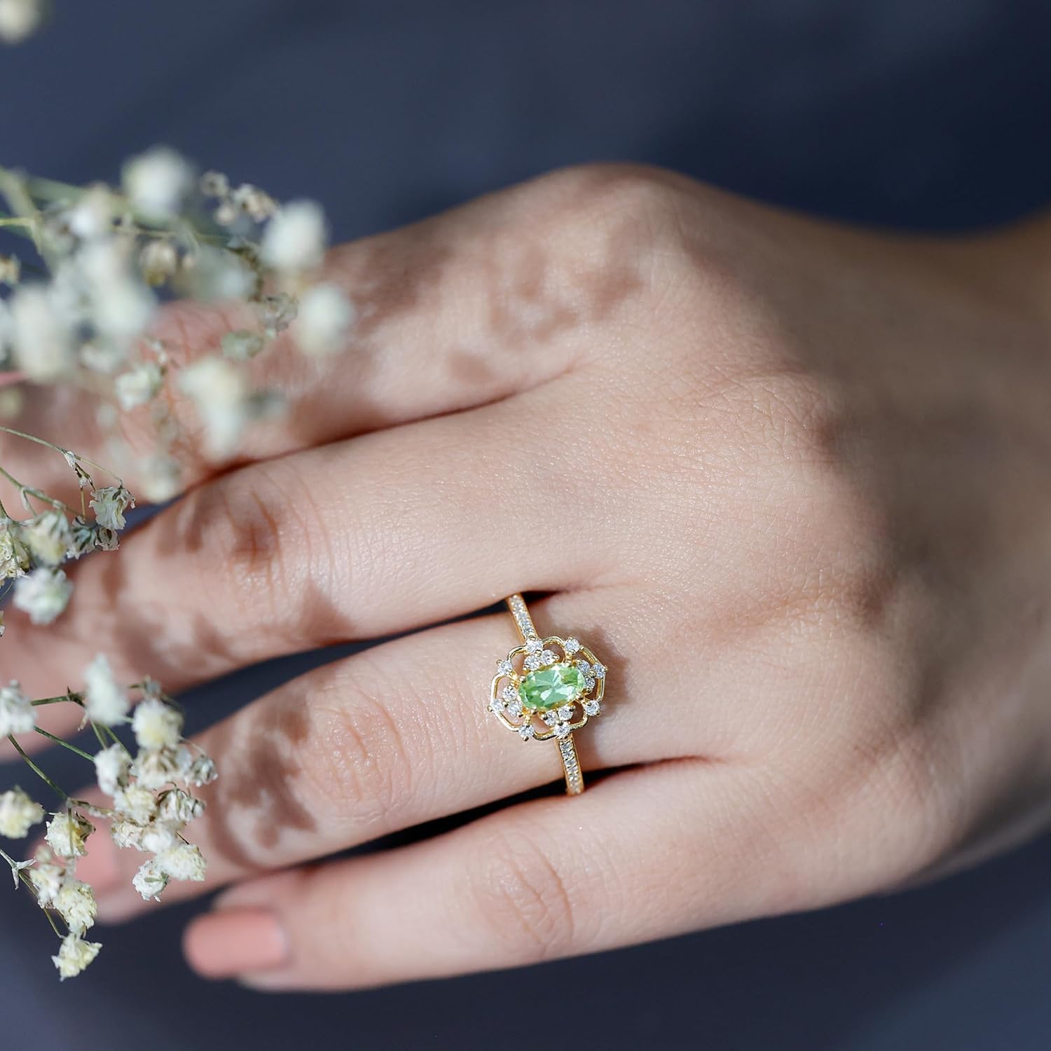 Natural 0.4 Carat Peridot Diamond Engagement Ring in Silver, Aaa Quality - Gift For Women Who Has Everything