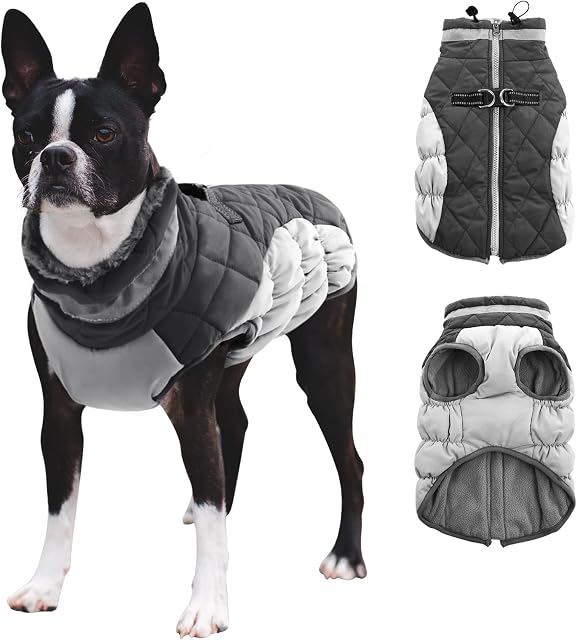 CITÉTOILE Winter Dog Coat, Dog Jacket with Harness, Waterproof Dog Puffer Jacket with Fleece Lined, Warm Dog Vest with Reflective for Small Medium Large Dogs, Grey, XS