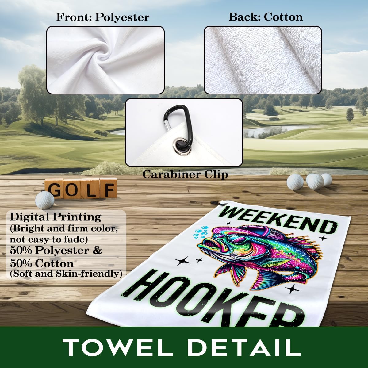 Weekend Hooker Polyester Printed Towel with Clip, Funny Bass Fish Fishing Gifts & Accessories for Men Fishmen Dad Grandpa, Fishing Lover Retirement Father's Day Birthday Gifts image 3