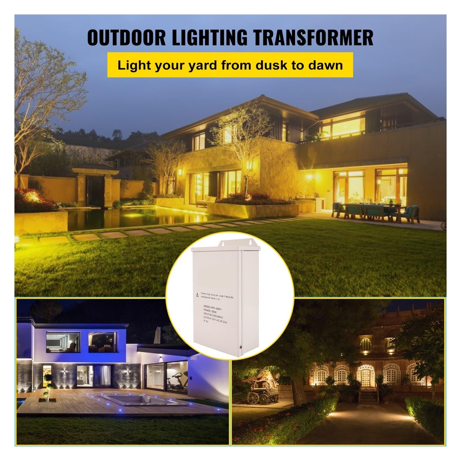 Transformador de bajo Voltaje 100/300W Transformador de iluminación de Paisaje Exterior Resistente a la Intemperie Piscina/SPA/Foco de iluminación de Paisaje(100 W)