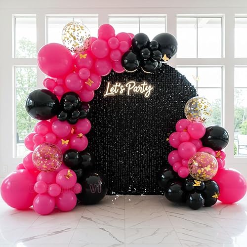 Hermoso kit de guirnalda de globos de color rosa intenso de 127 piezas con globos rosas y negros, detalles de mariposa dorada para baby showers,