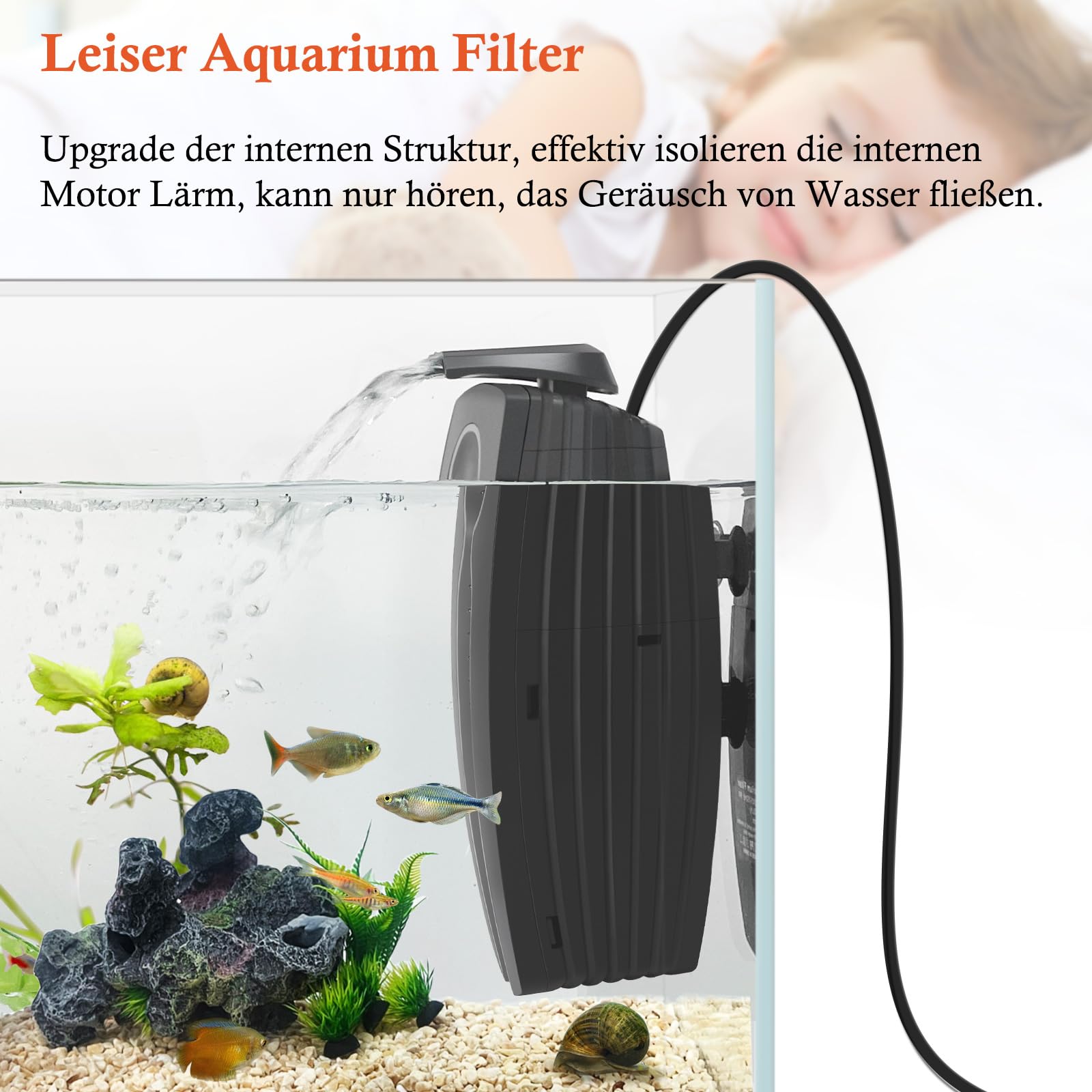 FEDOUR Filtr akwariowy 600 LPH z U-V, regulowany filtr wewnętrzny do akwarium, 8 W, podwodny cichy filtr zbiornika na ryby do zbiorników 30-180 l, z biochemiczną bawełną, bawełną z węglem aktywnym