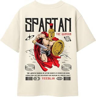 TeeSlix Boys Oversized Cotton T-Shirt | Spartan The Warrior Graphic Print | Soft Breathable Bio-Washed Tee | Casual Street... Price In India