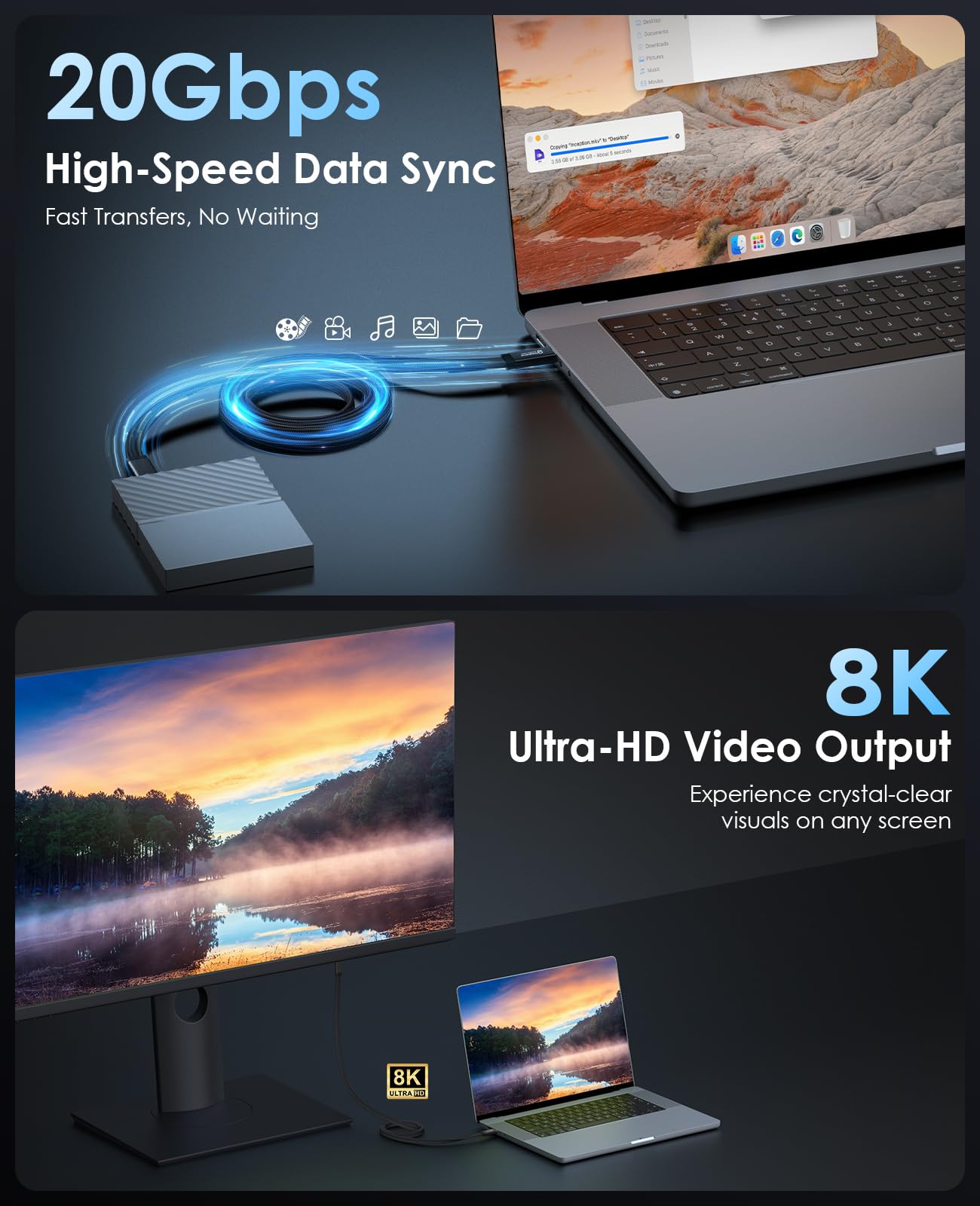 Magtame Magnetyczny kabel USB C do USB-C 20 Gbps, 8 K, 1,5 m, 140 W, nieplątany kabel typu C, USB 3.2, szybkie ładowanie i przesyłanie danych do laptopa, monitora, i-Phone 17/16