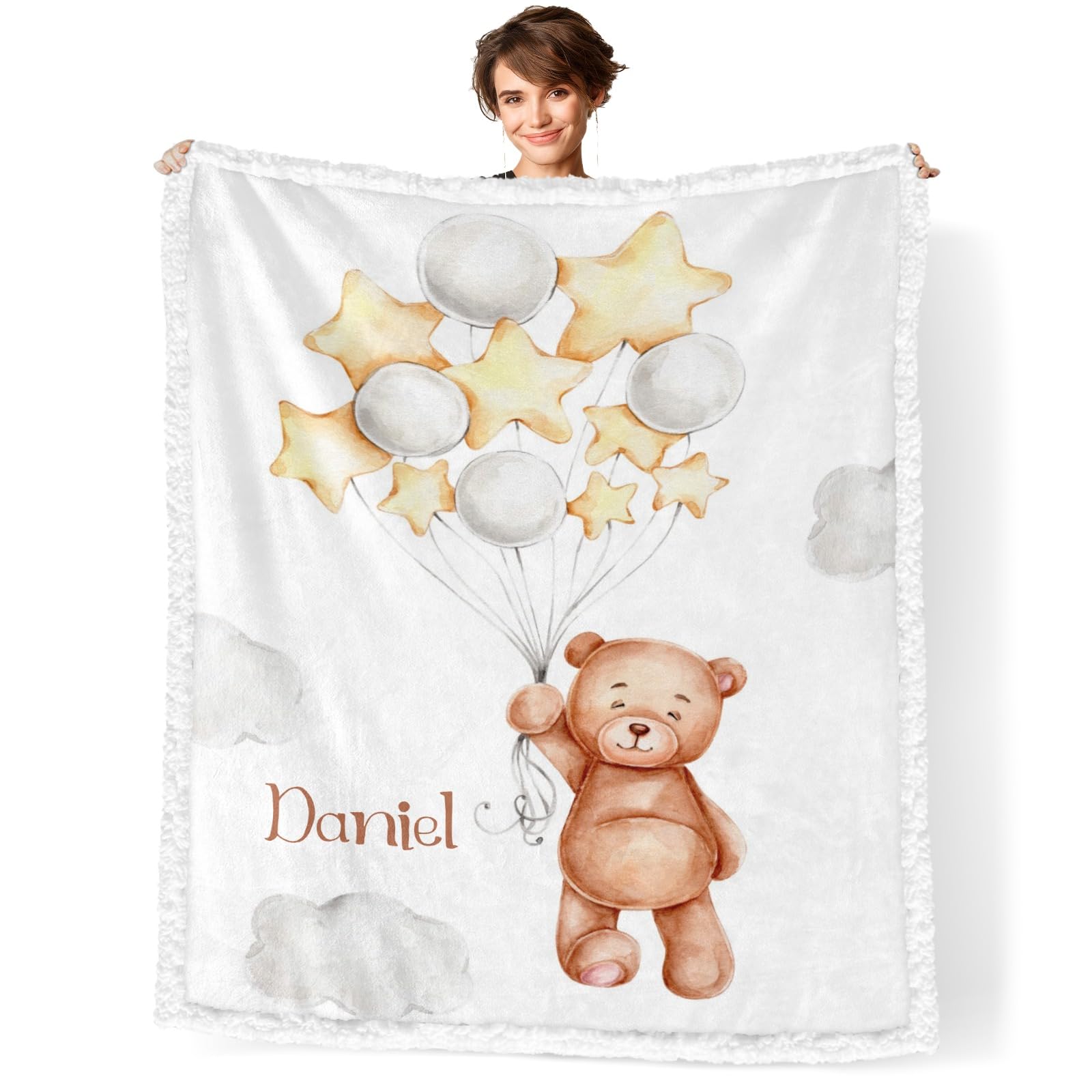 Teddy Bear Star Balloon Personalized Sherpa Baby Blankets for Boys  Girls,Soft Newborn Naps Custom Name Blanket for Shower Gift 30x40 in,  Option3