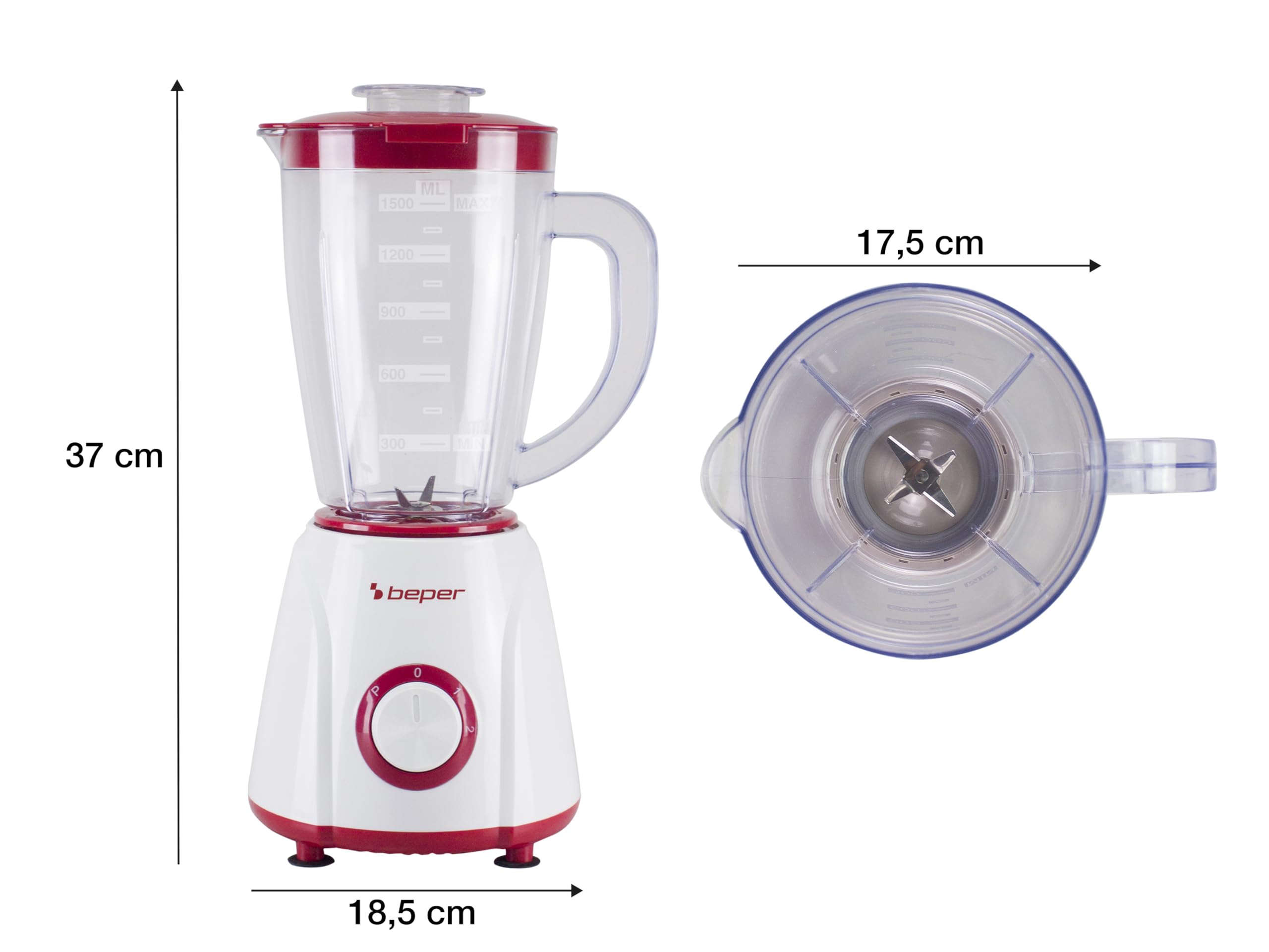 BEPER P102FRU501 Mixeur de table 1,5 L – 400 W, 4 lames en acier inoxydable, 2 vitesses + fonction Pulse, pichet gradué, couvercle avec trou, base antidérapante, idéal pour les crèmes et sauces