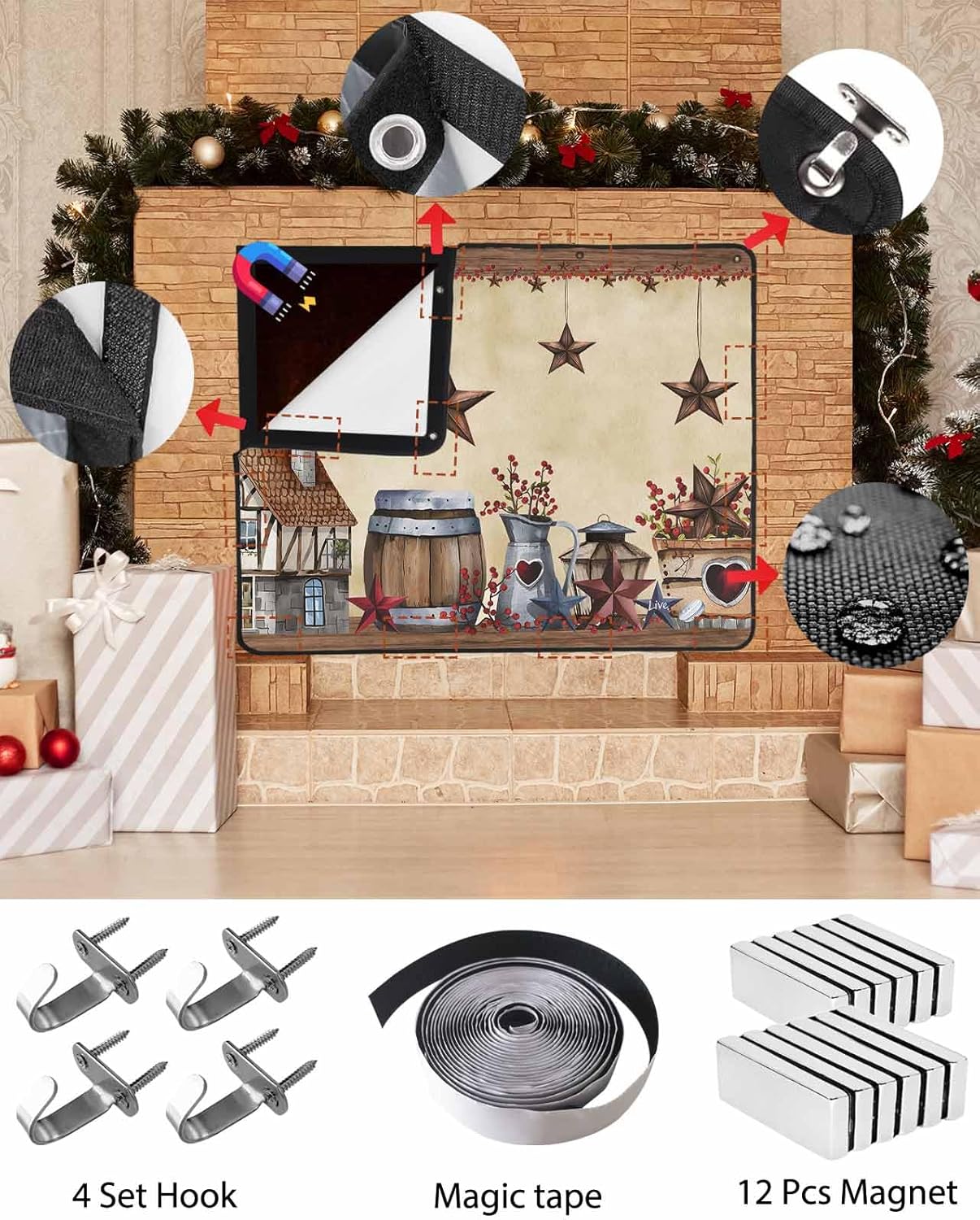 Magnetic Fireplace Cover Farm Star Barn Fireplace Screen Decorative Red Berry Vintage Insulation Fireplaces Blocker Blanket Save Energy Fireplaces Draft Stopper Covers for Living Room 36x30 Inch