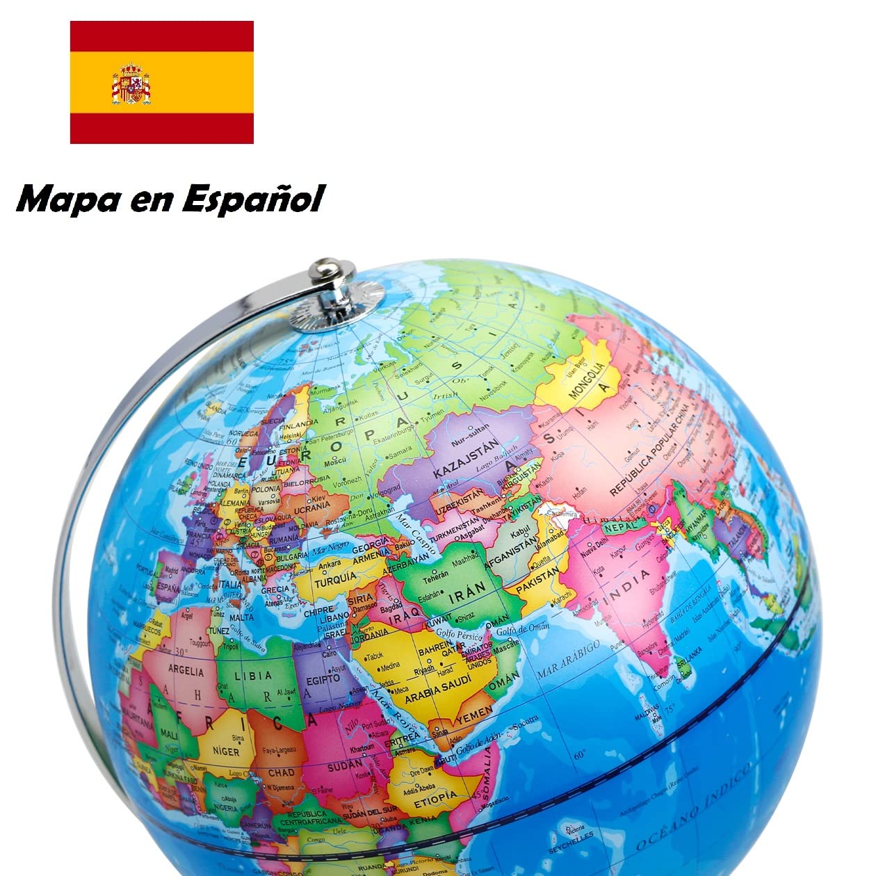 EXERZ Globo Terráqueo Iluminado 23 cm Mapa Español Y Constelaciones | Lámpara LED Sin Cable Base Metálica Cromada Modo Día Noche Para Escritorio Habitación Aula Y Regalo Educativo