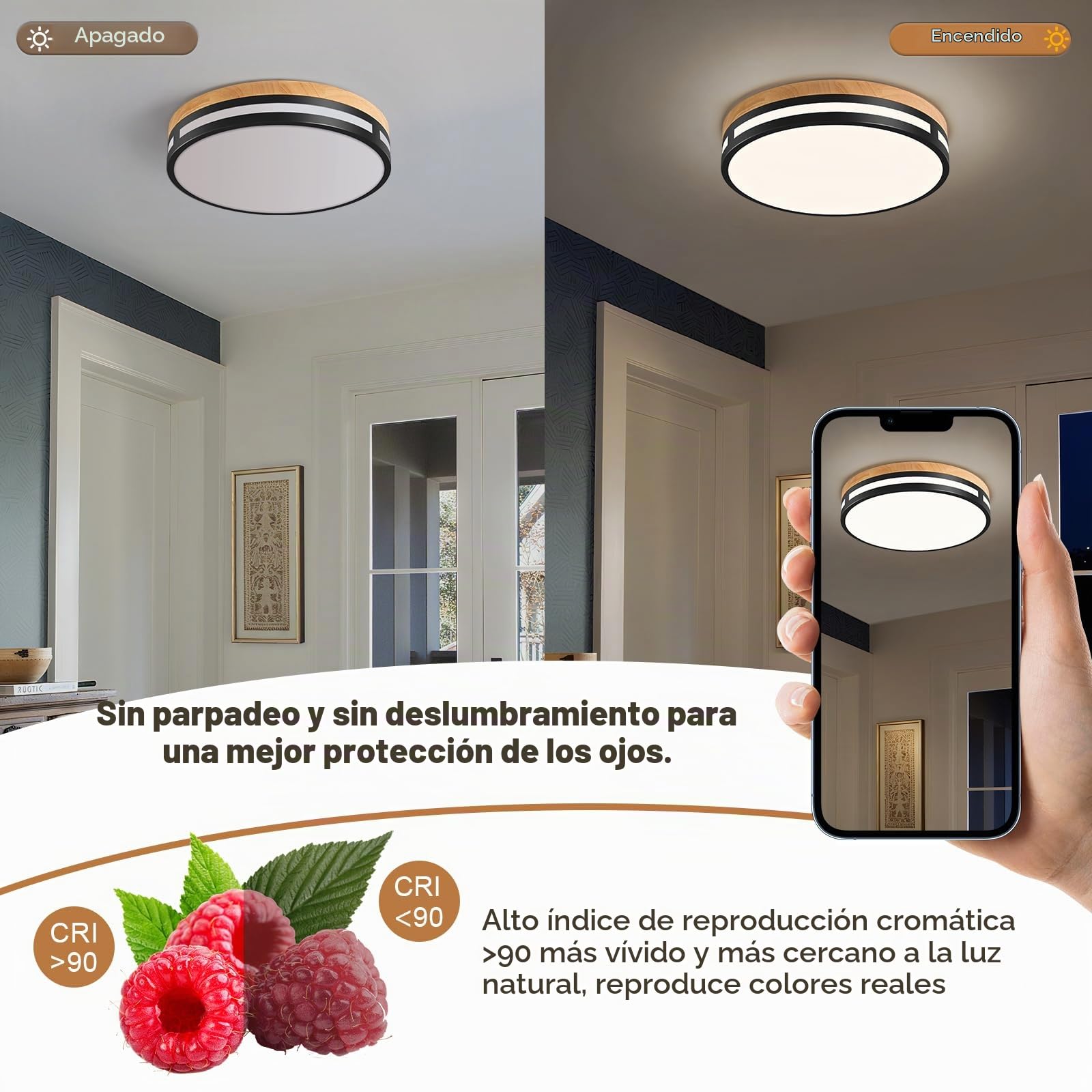 Lampara Techo, Plafon LED Techo Negra,30cm Plafón LED Techo Madera para Dormitorio,Sala de estar,Comedor,Cocina,Pasillo 4000K 24W