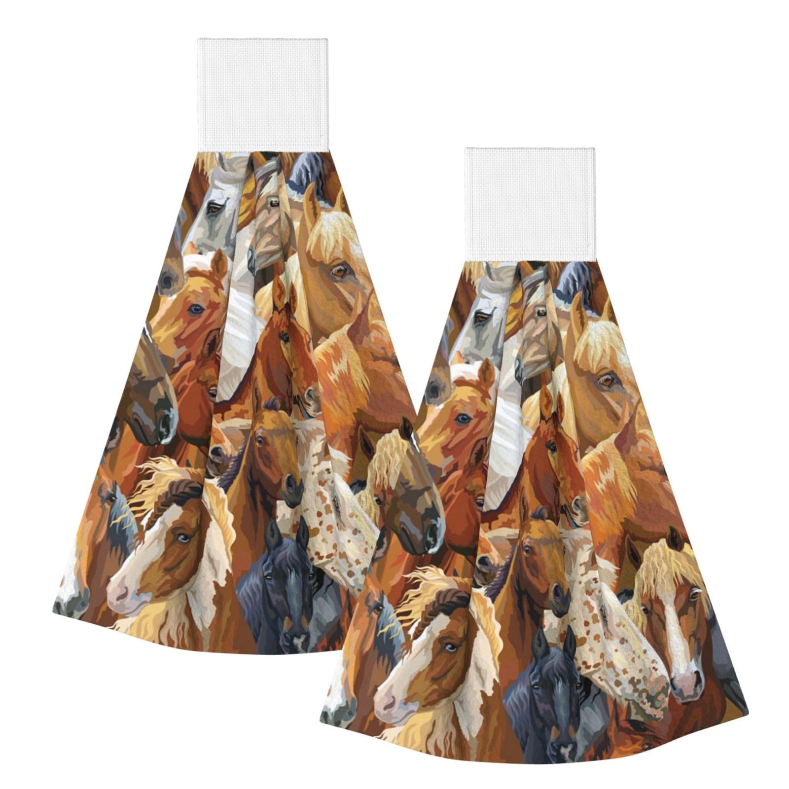 DOPKLNA Watercolor Animal Horse Printed, 2 Pcs Hanging Coral Fiber Hand Towels for Bathroom, Absorbent Kitchen Towels