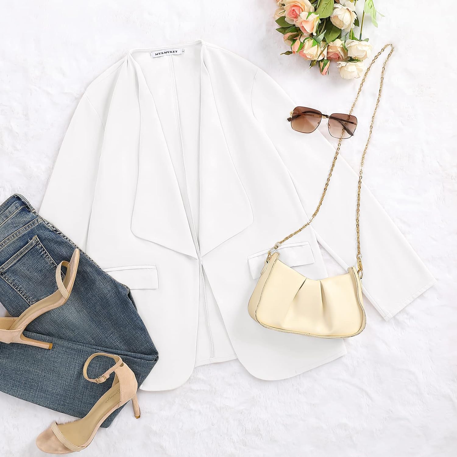 Womens Casual Blazer Jackets Roll Up Long Sleeve Open Front Work Office Business Blazers with Pockets White - Image 5