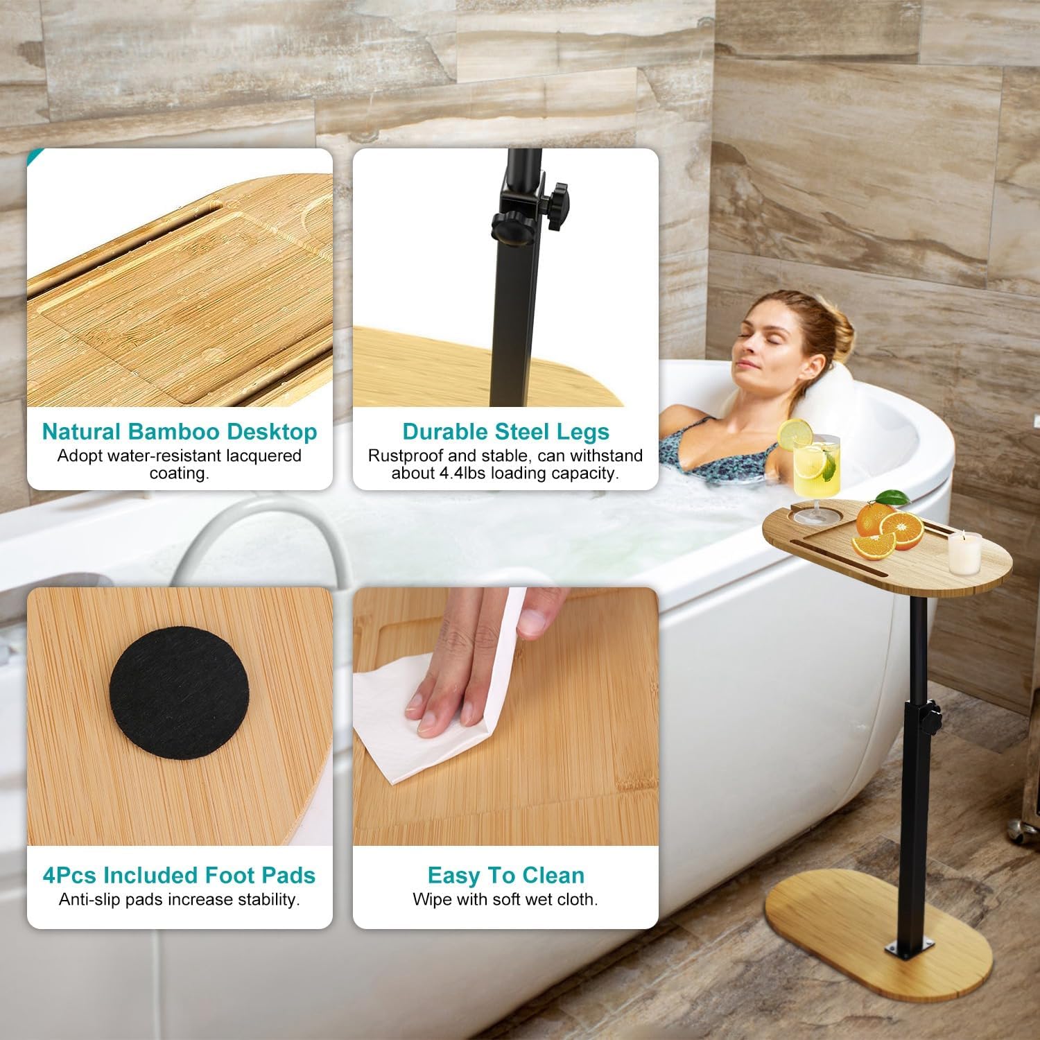 KOCASO Bamboo Bathtub Tray Table with Adjustment Height - 360° Rotatable Bath Tray Table for Tub Desktop Freestanding Bath Caddy - Ideal for Against Wall Couch Bed Sofa Side Table，Wood