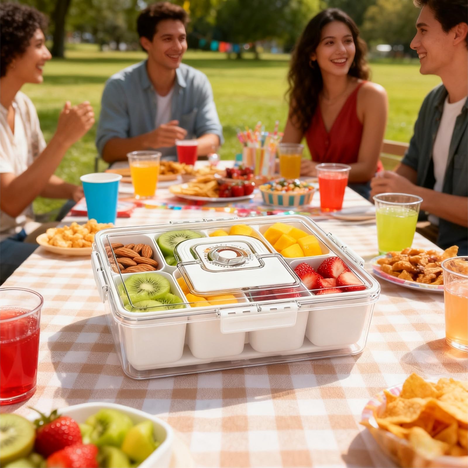 Snack Box con scomparti di raffreddamento – Contenitore frigo portatile con manico per picnic, viaggi e feste all'aperto – Con scomparto per ghiaccio per snack freschi, frutta e verdura