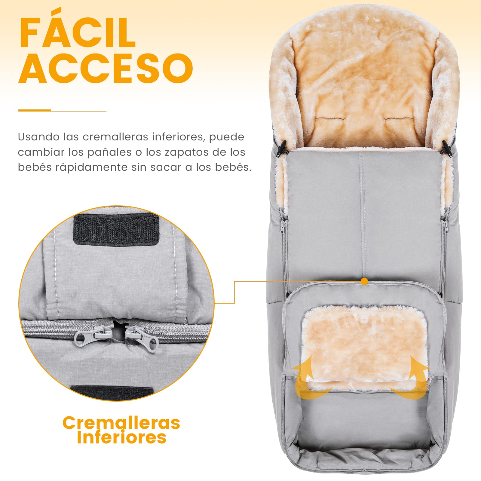 Orzbow Saco Silla Paseo Universal Invierno con Piel de Cordero Artificial, Impermeable Saco Carro Bebe Invierno con Cremallera, Fácil Acceso, Extraíble y Lavable a Máquina (Gris Claro)