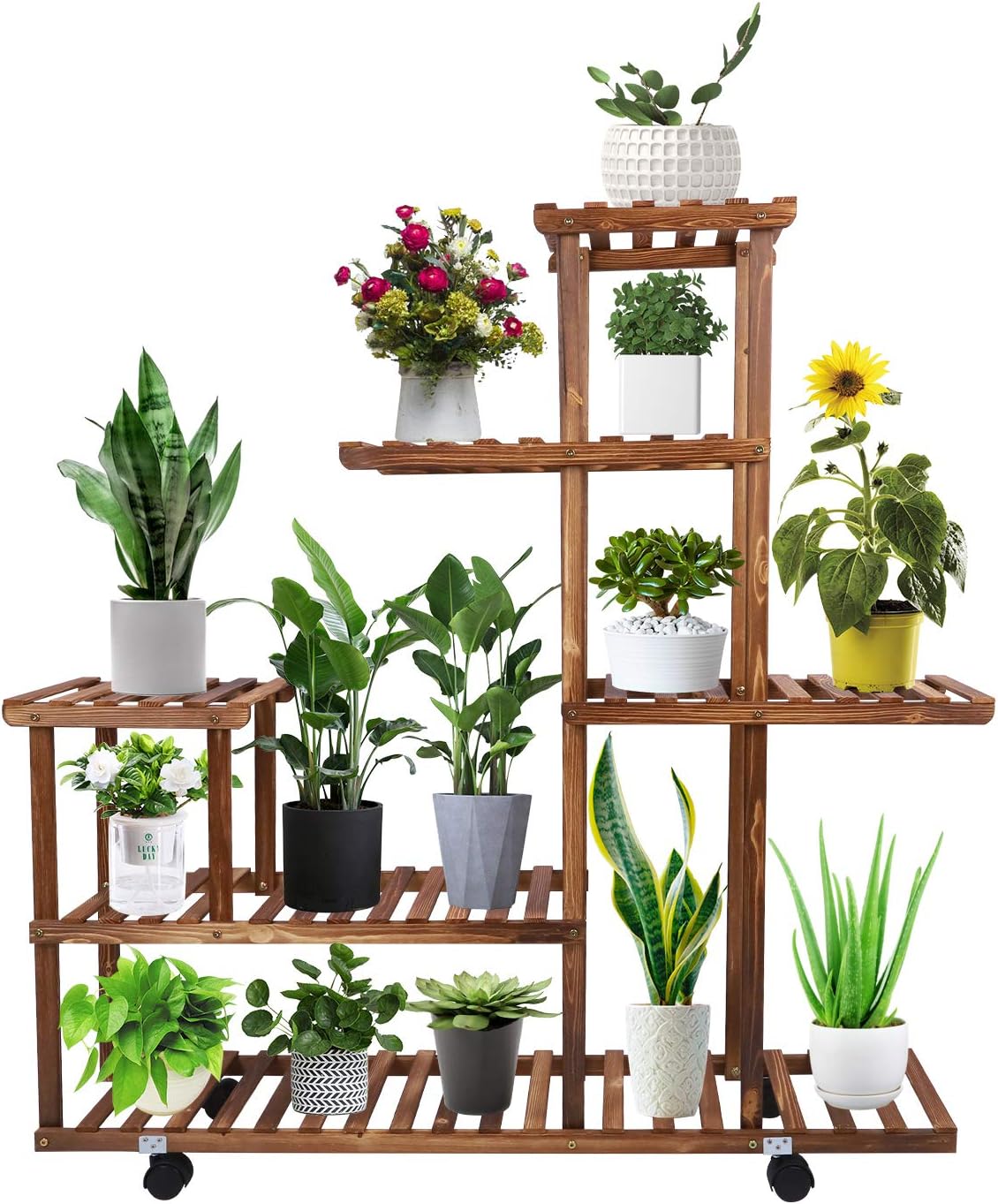 Plant Stand, ToteBox Wood Plant Stands Indoor Outdoor, Multi Tiered Wooden Plant Shelf, Corner Planter Display Rack Flower Pot Holder with Wheels for Living Room Patio Garden Balcony (11~13 Pots)