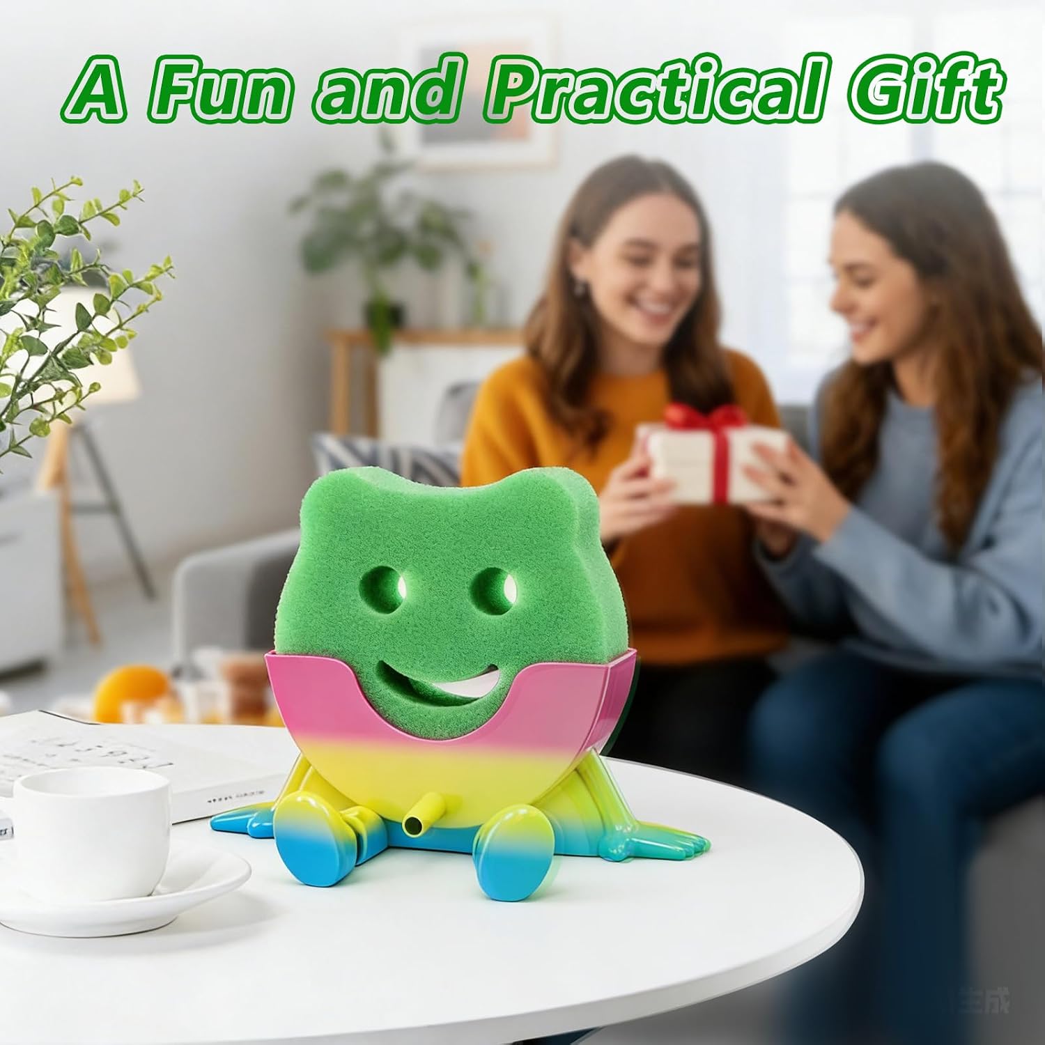 SALLO Smiling Face Drainage Sink Sponge Holder w/ 2 Sponges, Rainbow