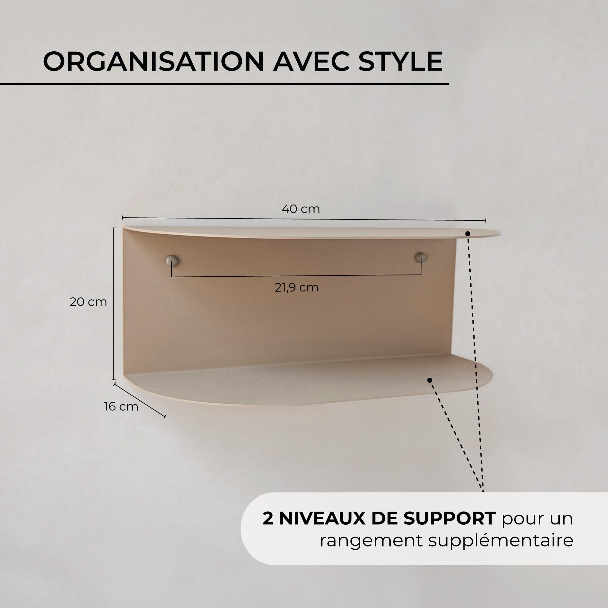 MILUKA Table de Nuit Lot de 2 | 40 x 20 cm | Étagère Murale à 2 Niveaux en Métal Beige Sable | Petite Table de Chevet Suspendue, Console d'Entrée o Coiffeuse