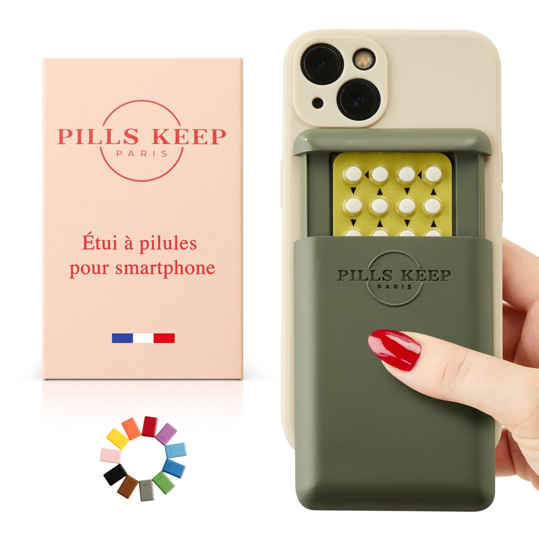 Etui für Verhütungspille – Selbstklebende Pillenbox für Handy oder Hülle – Aufbewahrung für Medikamente, Bankkarte oder Ausweis – Grau 