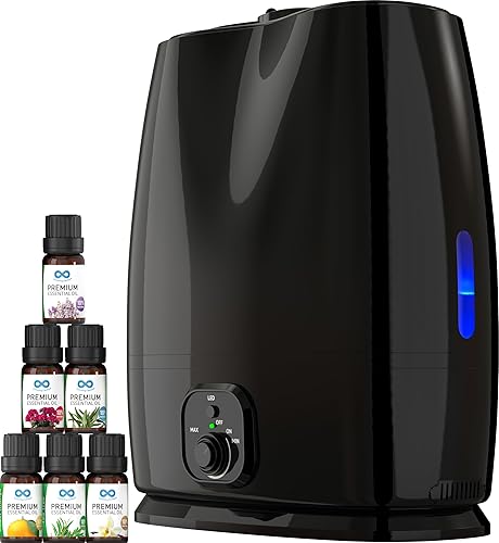 Everlasting Comfort Humidificador negro y aceites esenciales, el mejor juego de relajación, infunde tu espacio con humedad y aromaterapia, uso de 50