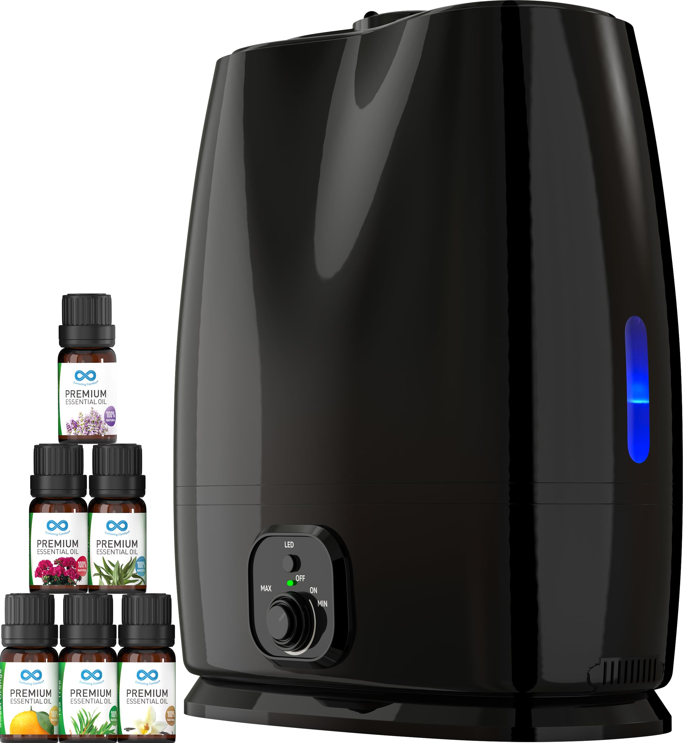 Everlasting Comfort Black Humidifier and Essential Oils-Ultimate Relaxation Set- Infuse Your Space with Moisture & Aromatherapy - 50-Hour Use, Allergy Relief, and Natural Fragrance (Black)