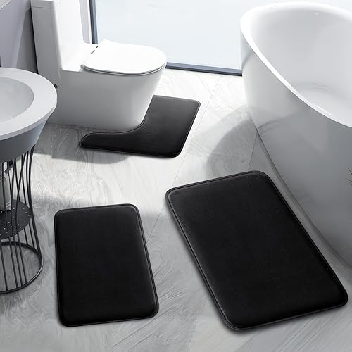 Miniatura 2 de HUXMEYSON Juego de alfombras de baño de 3 piezas, antideslizantes y de secado rápido, alfombras de baño de terciopelo ultra suave para baño, inodoro