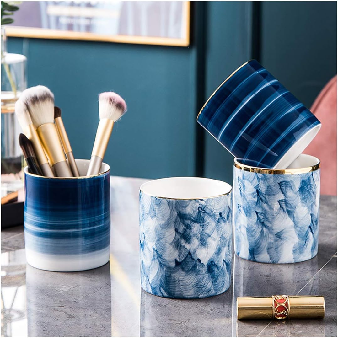 N A Ceramic Pen Holder Stand Cup Pencil Organizer Makeup Brush Holders for Home Office Desk (B)