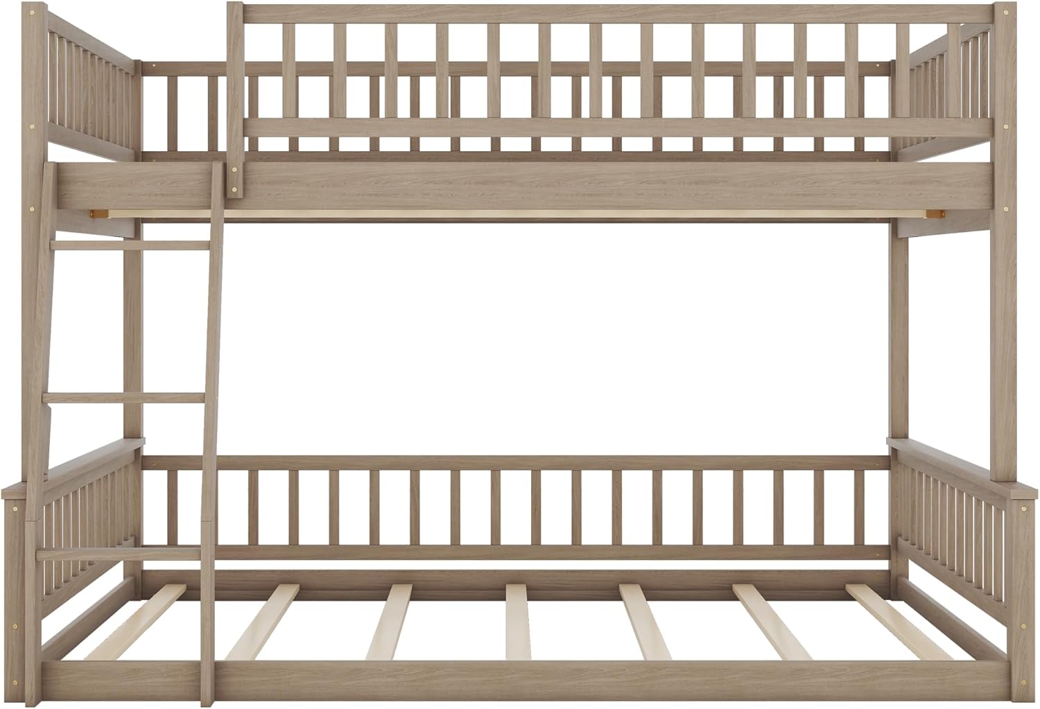 Merax Full XL Over Queen Floor Bunk Bed, Kids Bedroom Brown Wooden Bunk Bed Frame, Convertible to 2 Separated Beds with Trundle, Ladder & Guardrail for Teens, Wood Slat Support, Easy Assembly, Brown