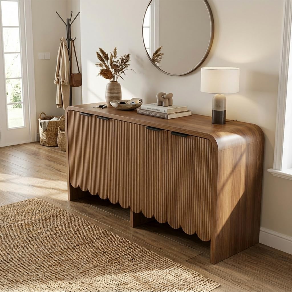 Walnut Sideboard Buffet Cabinet, Wood Storage Credeza with 4 Doors and Adjustable Shelves, Mid-Century Console Cabinet for Living Room, Kitchen, Hallway, Entrway