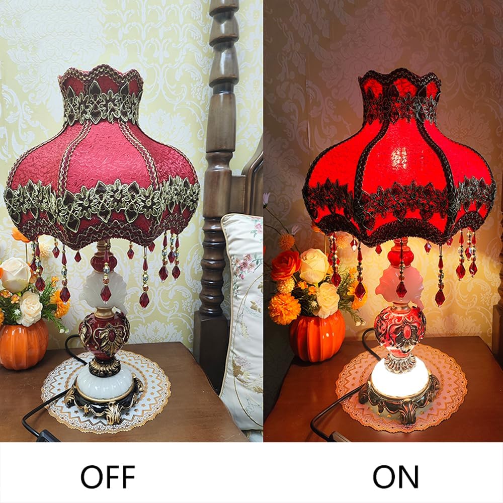 Red Victorian Table Lamp Embroidery Fabric Shade European Style Bedside Lamp W/Beaded Fringe Lace Elegant Princess Desk Lamp Vintage Antique Night Light for Bedroom Living Room Farmhouse