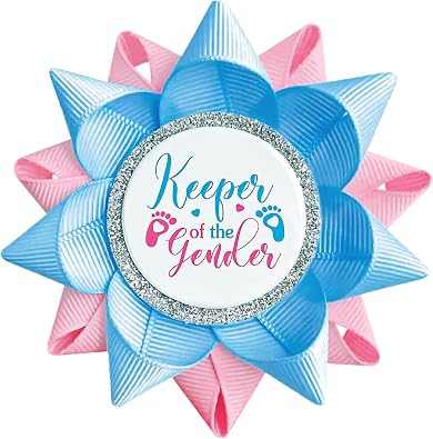 Keeper of The Gender Pin, Pink and Blue Ribbon Badge Pins with Baby Feet Design, Gender Reveal Party Favors Buttons for Baby Shower, Mom to Be Reveal Celebration Accessories