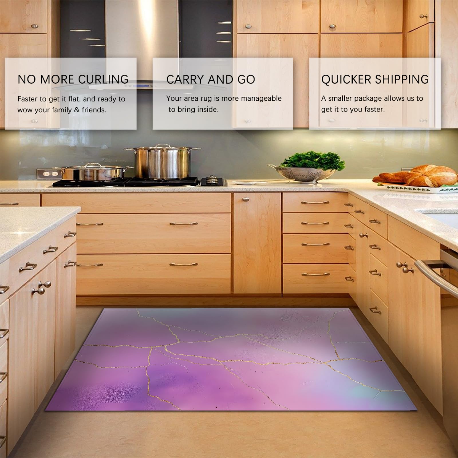 Tappeti viola per soggiorno Tappeto lavabile con struttura dorata astratta Tappetino da cucina antiscivolo Tappetino da comodino per camera da letto per ragazze 90x150cm