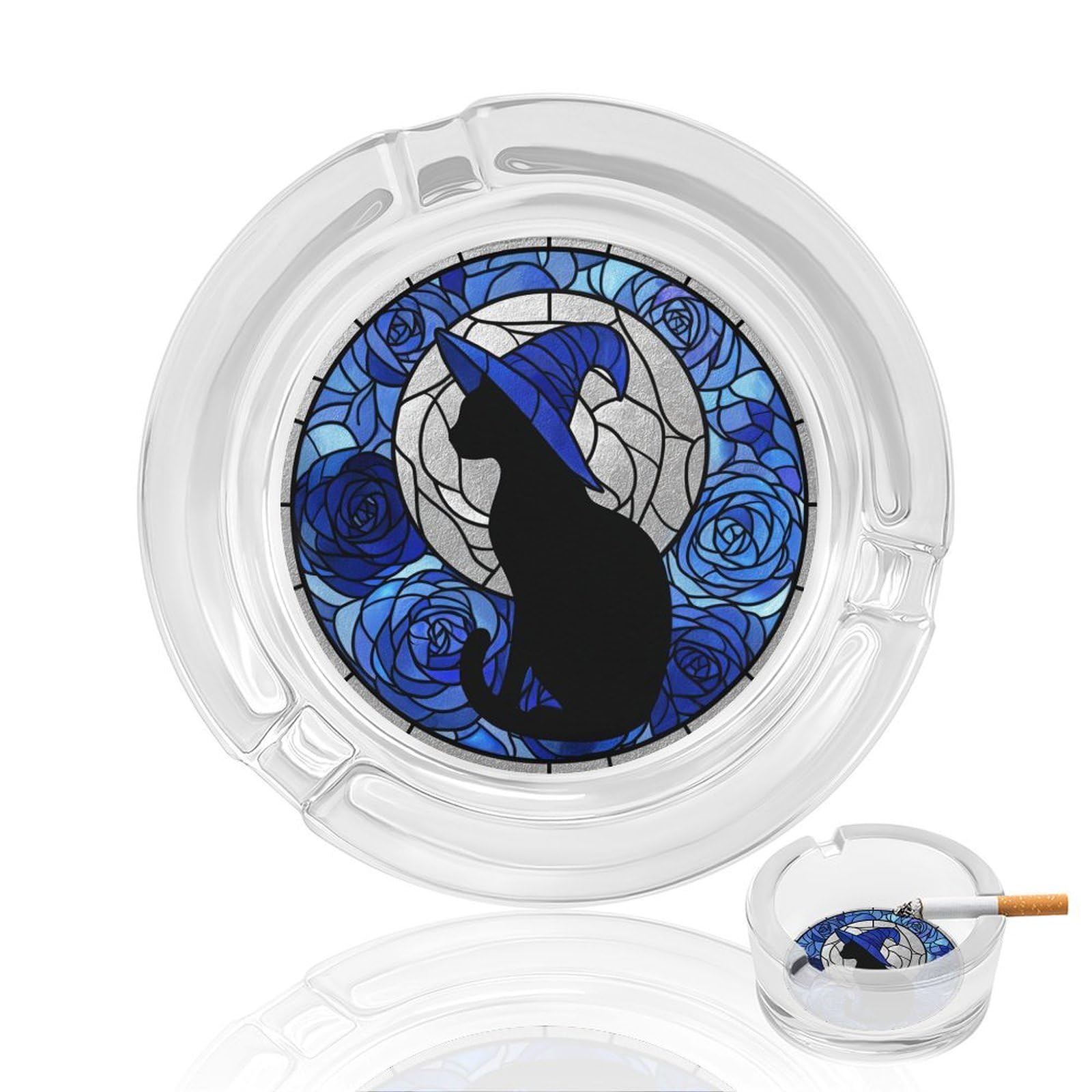 Black Cat And Blue Witch Hat Glass Ashtray for Cigarettes Portable Decorative Ash Trays for Home Office Decor