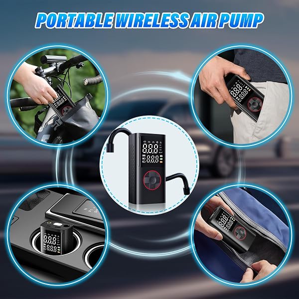 Onherm Compressore Aria Portatile, Pompa Bicicletta Elettrica 10.3 Bar/150PSI con Tutte Le Valvole, 5 Modalità, Mini Compressore Portatile con Luce LED per Auto, Bici, Moto, Scooter, Pallone - 4