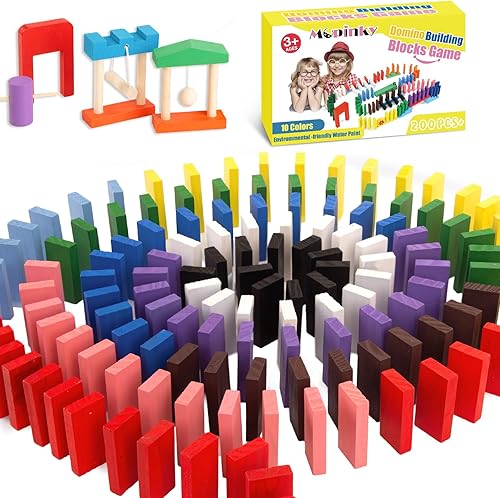 MCPINKY Juego de 204 bloques de dominó, kit de inicio de dominó de madera colorida, bloques de dominó de carreras, juego de azulejos de carreras,