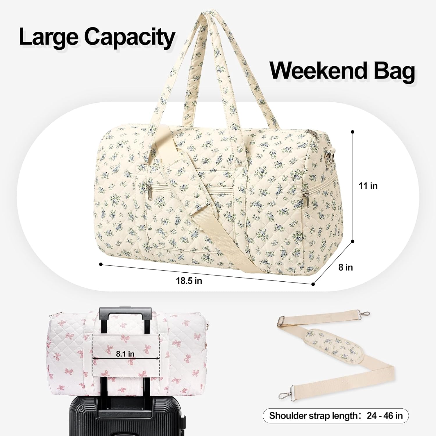 Gym Bag for Women, Cute Duffle Bag, Quilted Duffle Bag for Travel, Floral Duffle Bags, Weekend Bag with Zipper Pocket Dance Bag Organizer - Image 2