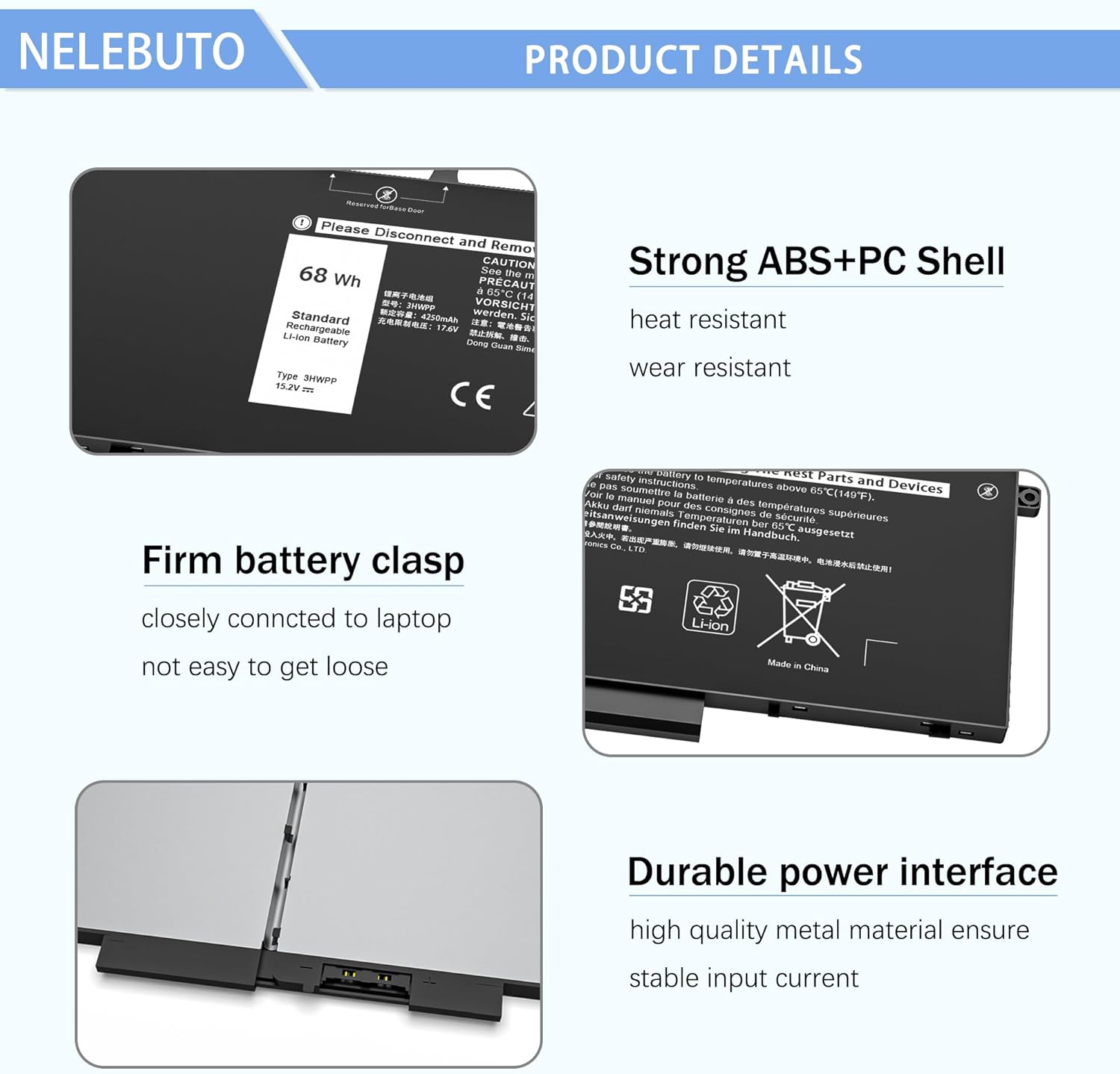 New 3HWPP 15.2V 68Wh 4-Cell Laptop Battery Compatible with Dell Latitude 5501 5401 5510 5410 5411 5511 Precision 3551 3541 Inspiron 17 7500,7706 2-in-1,7506 2-in-1 Black N2NLL 10X1J 1VY7F 451-BCMN