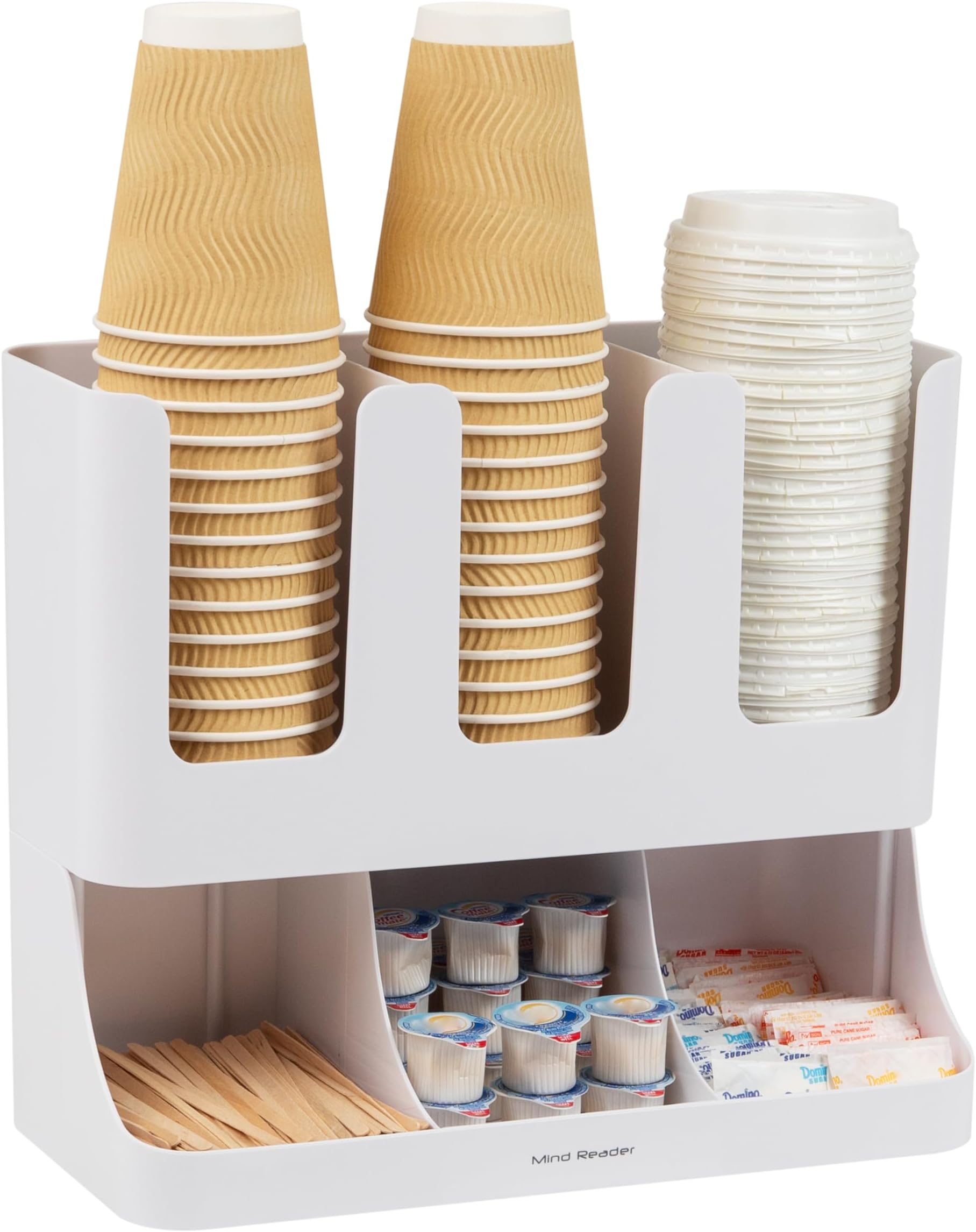 Mind Reader Cup and Condiment Station, Countertop Organizer, Coffee Bar Kitchen, Stirrers, 13" L x 6.4" W x 11.5" H, White