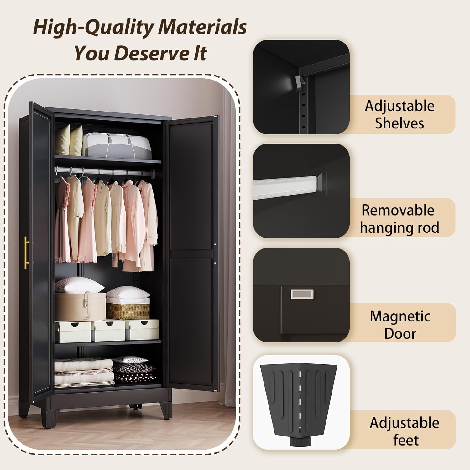 Metal Wardrobe Storage Cabinet with Mirror and Hanging Rod,71'' Metal Clothing Cabinet with 2 Doors and 2 Adjustable Shelves for Bedroom, Laundry Room, Cloak Room (Black)